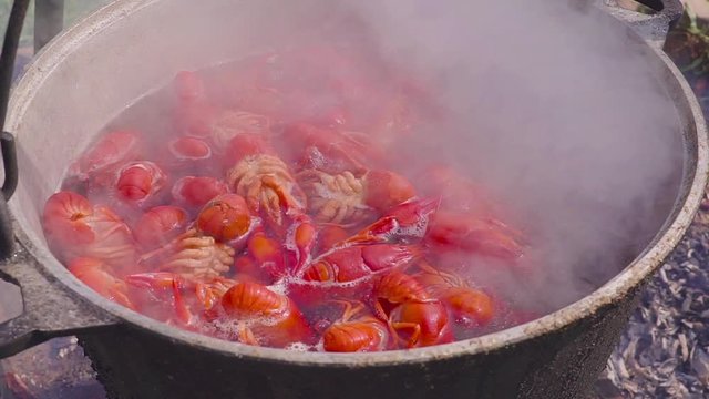 Crayfish are boiled at the stake on fire. Lunch in the open air.