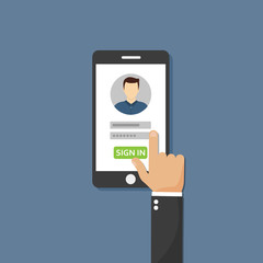 Sign in page on smartphone screen.Male avatar. Vector flat illustration.