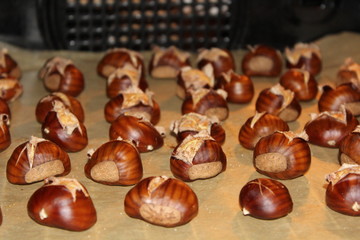 Maronen auf Blech im Ofen