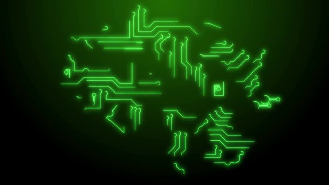 Green glowing lines creating a chip scheme from the computer motherboard on the dark background.