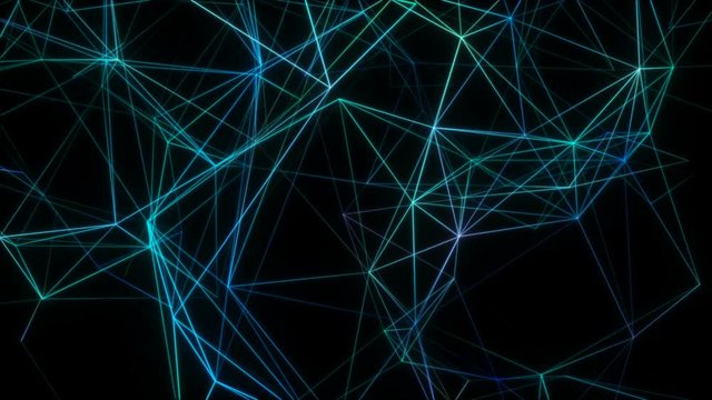 Flashing network.Network Connection background, rotating flickering cool blue light mesh cloud of connections with white lines and dots with depth-of field effect. Seamless loop.