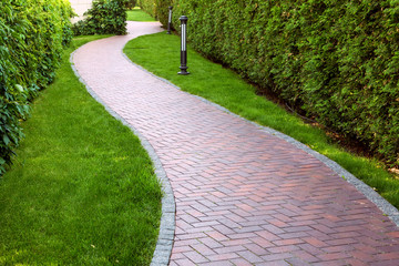 curve wavy path for walking in the backyard with a hedge of deciduous bushes and evergreen thuja.