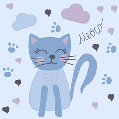 Cute Hand Drawn Cartoon Blue Cat. Vector Illustration.
