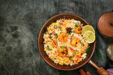 Shrimp (Prawn ) Biryani top down view on wooden background