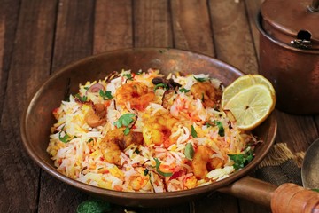 Indian Prawn or shrimp Biryani close up, selective focus