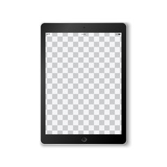 Beautiful realistic vector of a modern black colored tablet on white background with transparent screen template showing time, battery life, wifi and a mobile signal.