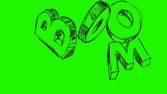 2d Animation motion graphics showing a drawing of a cartoon style big bang boom explosion on white, black and green screen in HD high definition.