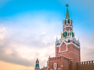 Moscow. Russia. The Red Square. Kremlin. Spasskaya Tower. Russian Federation. Travel to Russia. Hours on Red Square. Chimes on the Spassky Tower. Center of Russia. Kremlin walls.