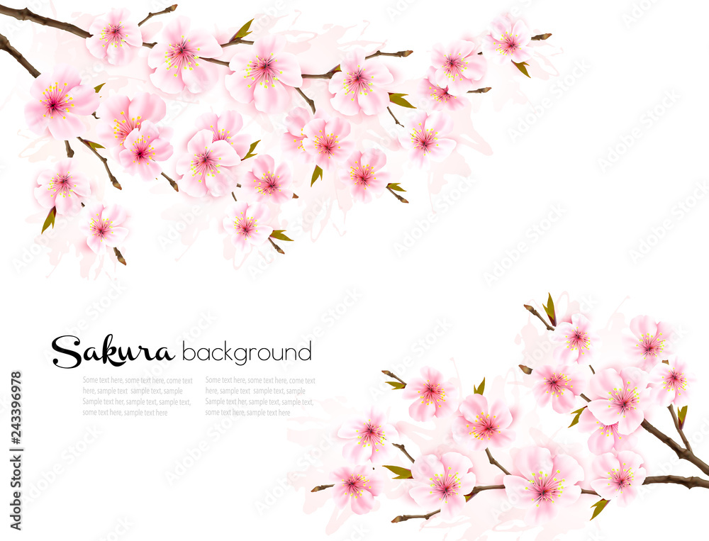 Poster spring background with sakura japan cherry branch. vector