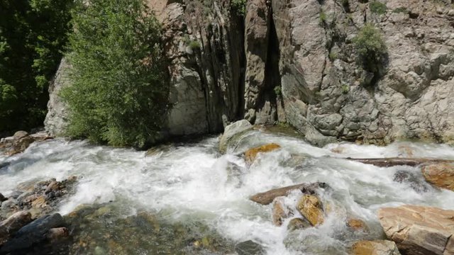 Fast moving river in canyon with white rapids