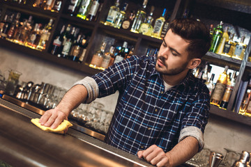 Young bartender standing at bar counter wiping surface concentrated