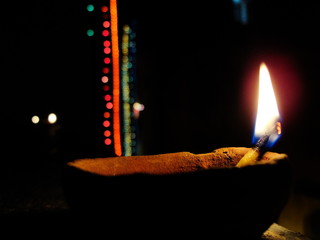burning oil lamp on Diwali