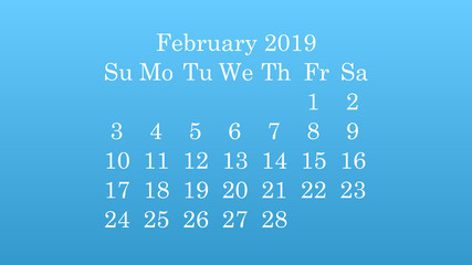 February 2019. Desktop wallpaper Calendar 2019 blue background, white numbers