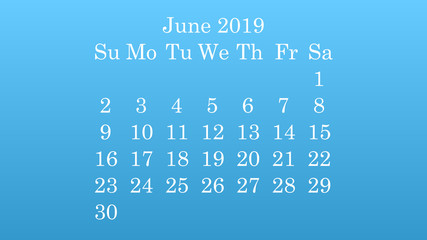 June 2019. Desktop wallpaper Calendar 2019 blue background, white numbers