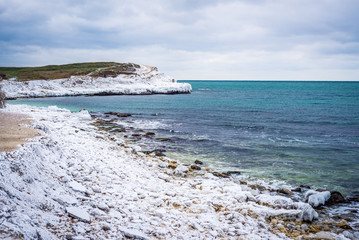 trees under the snow, frozen river, winter in Russia, winter landscape