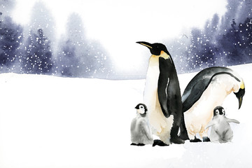 Obraz premium Pingwiny w wektor akwarela zima czarów