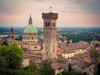 Fototapeta premium View of the medieval tower and the dome of the Cathedral in Lonato.