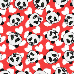 Panda seamless pattern with heart. Vector hand drawn illustration on red.