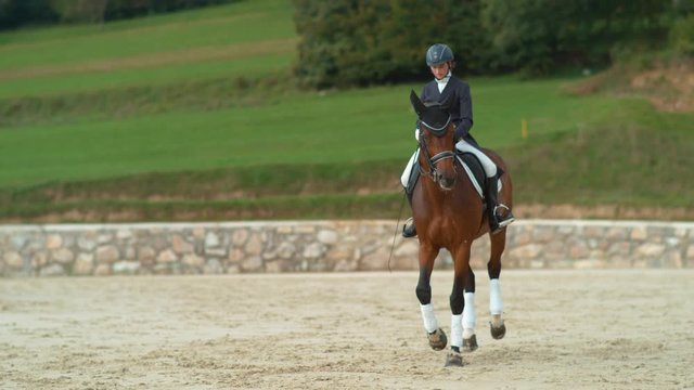 SUPER SLOW MOTION: Beautiful gelding doing travers during dressage competition. English female rider riding traver in dressage. Cinematic shot of muscular chestnut stallion performing haunches-in.