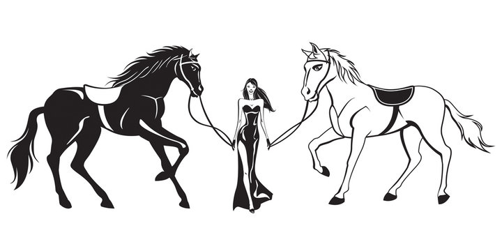 Woman in evening dress leads two racing horses - vector illustration