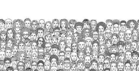 Seamless banner with a diverse crowd of people, hand drawn faces of various ethnicities, black and white ink illustration