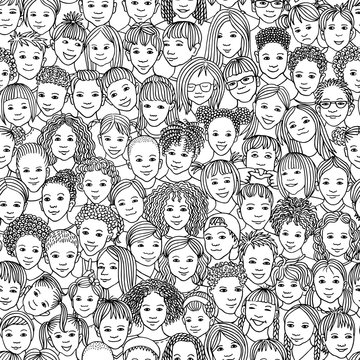 Diverse group of children - seamless pattern of 70 different hand drawn kids' faces, kids and teens of diverse ethnicity