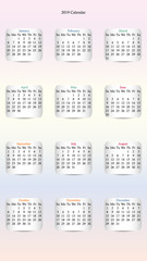 Calendar 2019 vector design. Date on the curved stickers on the pastel background