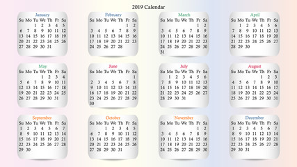 Calendar 2019 vector design. Date on the curved stickers on the pastel background