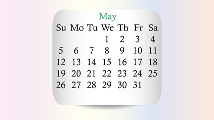 May 2019. Calendar 2019 vector design. Date on the curved stickers on the pastel background