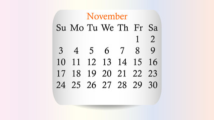 November 2019. Calendar 2019 vector design. Date on the curved stickers on the pastel background