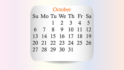 October 2019. Calendar 2019 vector design. Date on the curved stickers on the pastel background