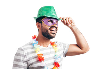 Portrait of young brazilian man wearing carnival costume
