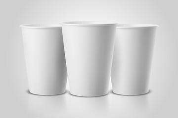 Vector Realistic 3d White Paper Disposable Cup Set Closeup Isolated on White Background. Design Template of Paper Mug for Graphics, Mockup, Packaging. Front view