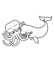 fressen essen feinde kampf duell blauwal potwal wal riesenkalmar groß oktopus krake kopffüßer kalmar tentakel tintenfisch unterwasser monster comic cartoon clipart lustig meer wasser tauchen fisch © Style-o-Mat-Design