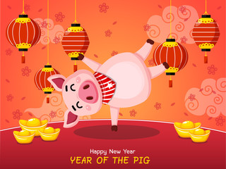 Year of the pig. Chinese New Year. Cute cartoon fat pig. Greeting card and calendar design. Vector illustration.