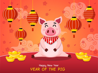Year of the pig. Chinese New Year. Cute cartoon fat pig. Greeting card and calendar design. Vector illustration.