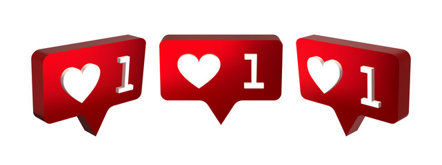 3D red like icon with a heart. Notification on social media. Vector illustration set.