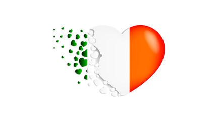 National flag of Ireland in heart illustration. With love to Ireland country. The national flag of Ireland fly out small hearts