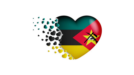 National flag of Mozambique in heart illustration. With love to Mozambique country. The national flag of Mozambique fly out small hearts