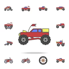 Küchenrückwand Plexiglas Autorennen Bigfoot-Autofeld-Coloricon. Detaillierter Satz farbiger Big Foot-Autosymbole. Premium-Grafikdesign. Eines der Sammlungssymbole für Websites, Webdesign, mobile App