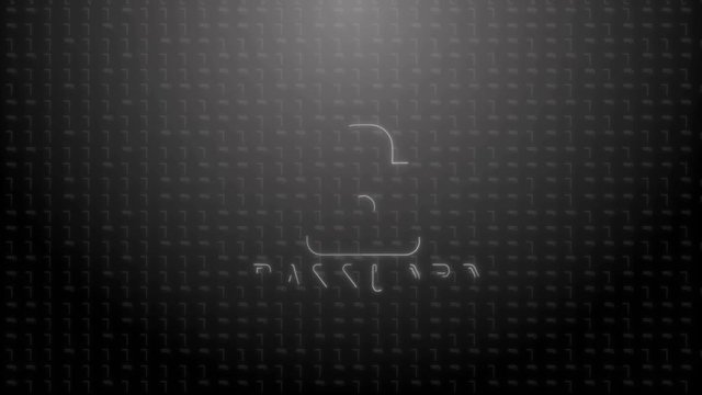 Cyber online technology logo of the neon lines drawing a lock with password word demand on the dark gray background.