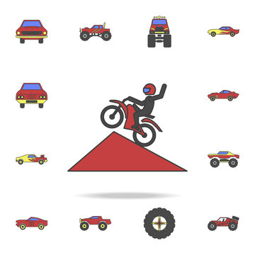 motorcyclist in jump field coloricon. Detailed set of color big foot car icons. Premium graphic design. One of the collection icons for websites, web design, mobile app
