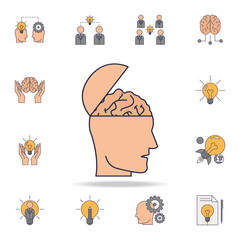 open head with brain fild color icon. Detailed set of color idea icons. Premium graphic design. One of the collection icons for websites, web design