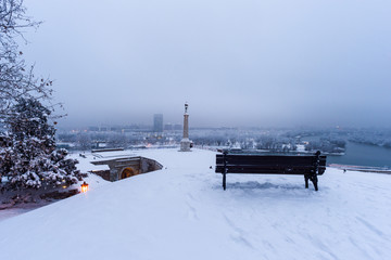 View of Kalemegdan Park in Belgrade the capital of Serbia in Europe during snow in winter