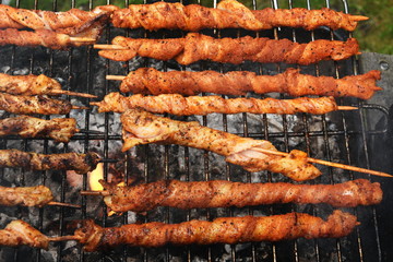 Roasting Frigarui ,skewers,on an outdoors grill