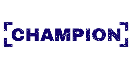 CHAMPION text seal imprint with distress texture. Text tag is placed inside corners. Blue vector rubber print of CHAMPION with unclean texture.