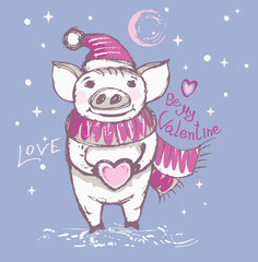 Cute pig cartoon hand drawn vector illustration. Romantic pig with a heart, wearing a winter hat and a scarf waiting for someone else under the snow. Be my Valentine. 
