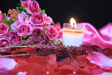 Obraz na płótnie Canvas Valentine day with decoration bouquet flower and candle burning. Photoshoot valentine