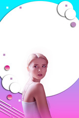 Pensive attractive woman daydreaming on colorful background