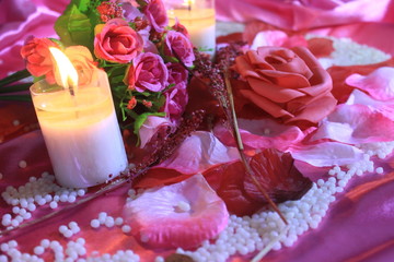 Concept decoration Valentine day with bouquet and candle burning